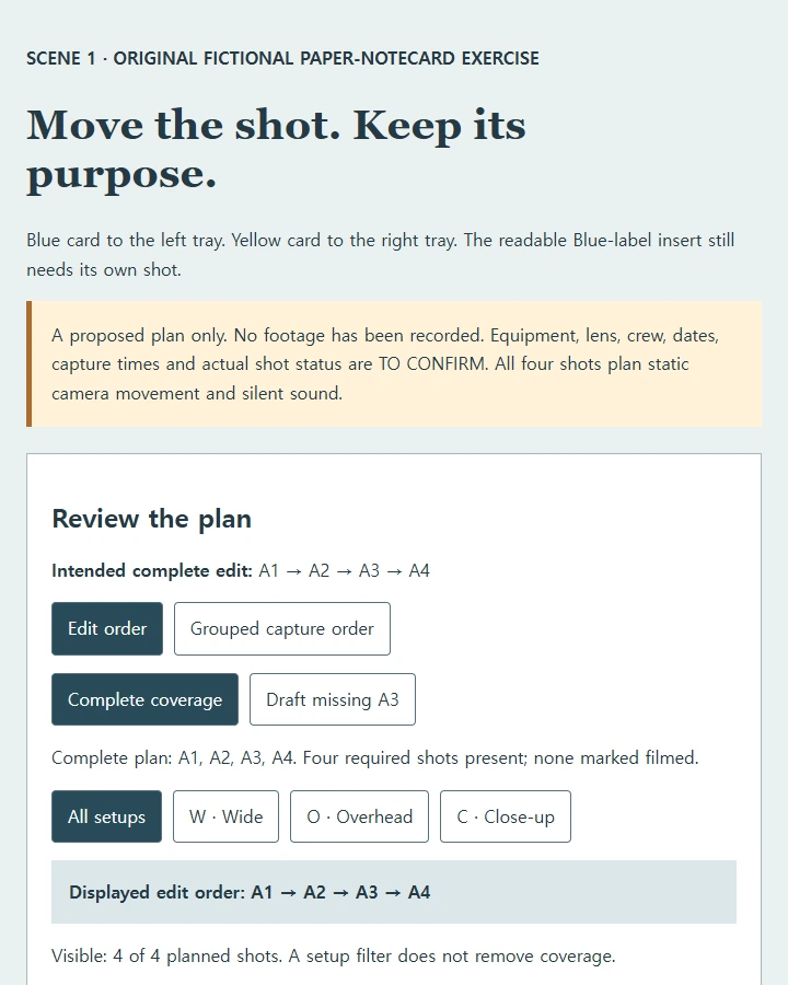 Four stable shot IDs, two orders, and a missing label insert
