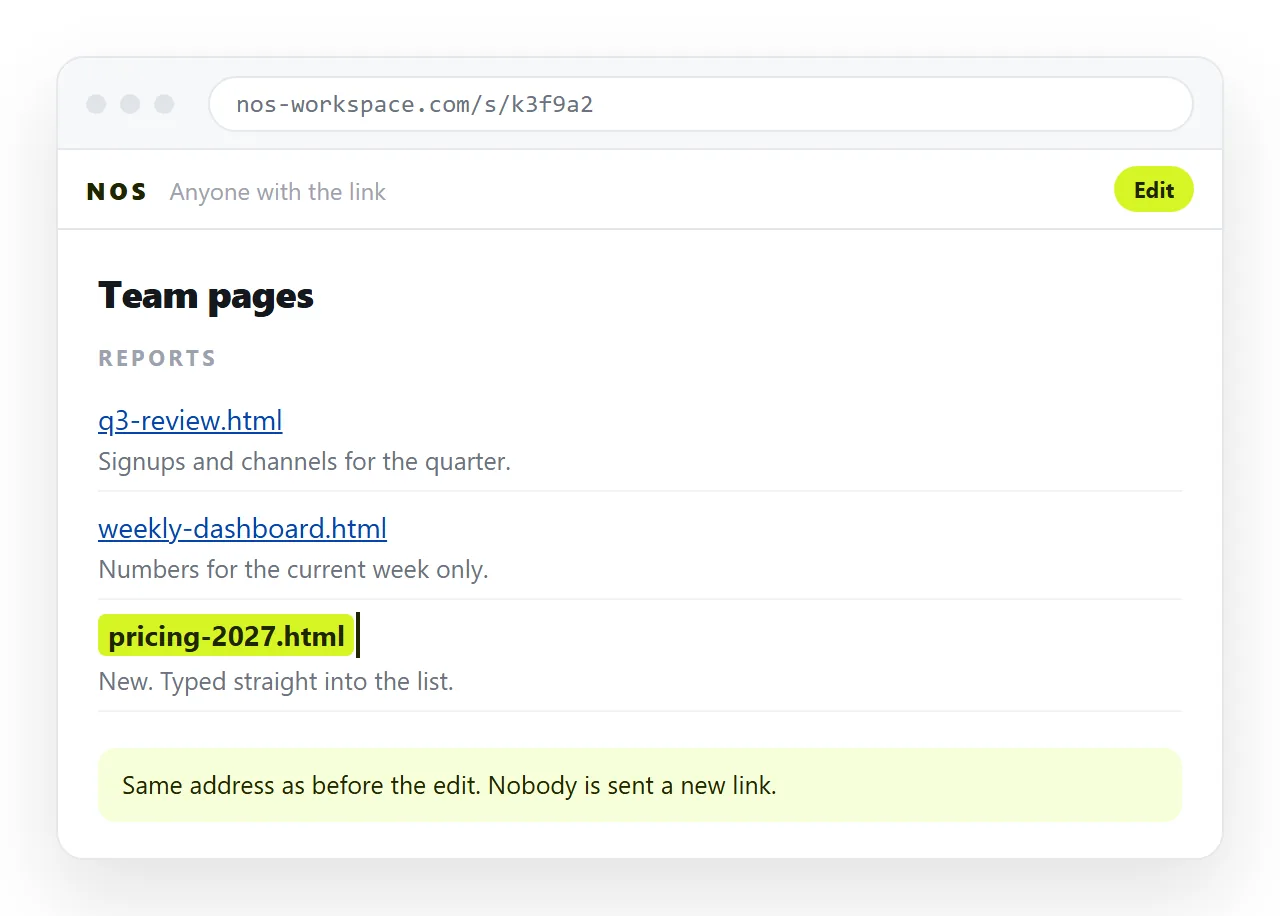 A new entry being added by clicking into the list in the document. The page address is unchanged.