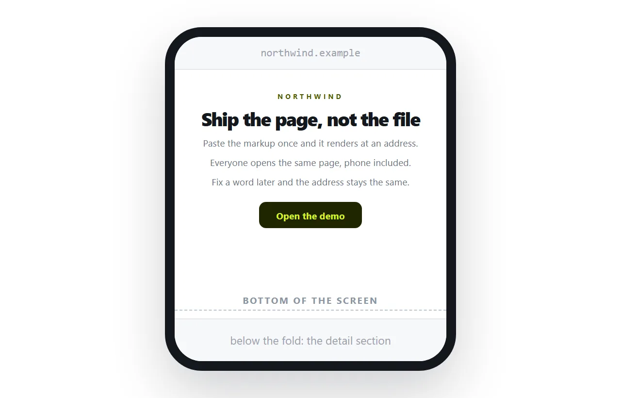 The same landing page on a phone, with the headline and the button both visible without scrolling.