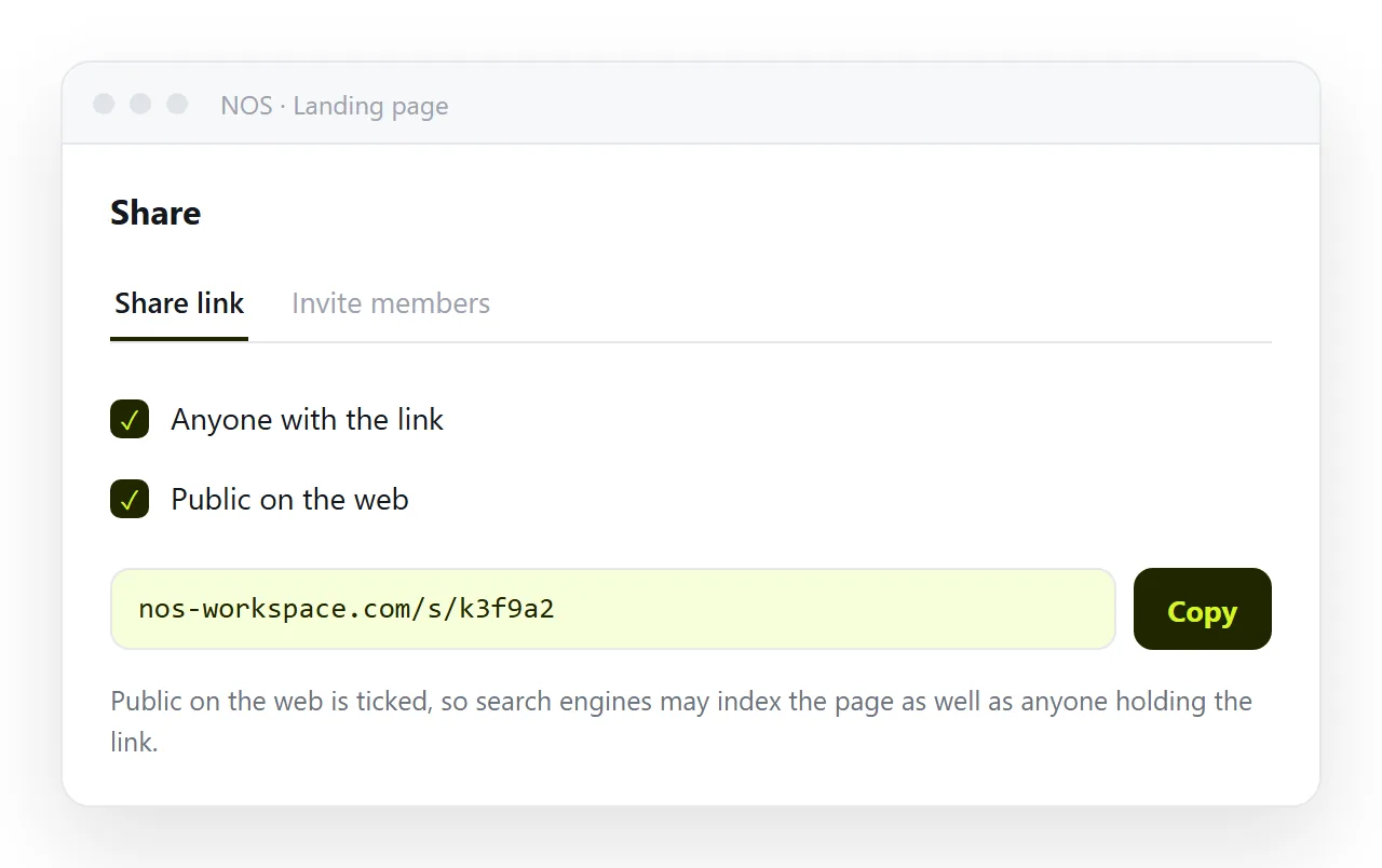 The share dialog with the link created and Public on the web ticked.
