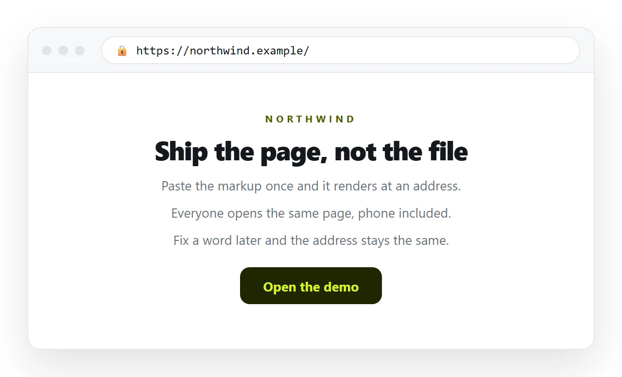 A single column landing page in a browser, headline, three lines of detail and one button.