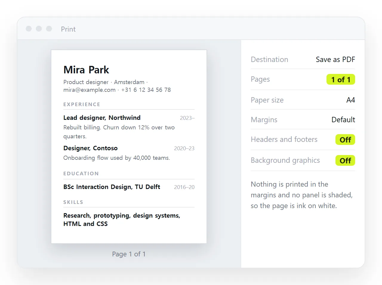Print preview of the plain resume, one page, no headers or backgrounds.