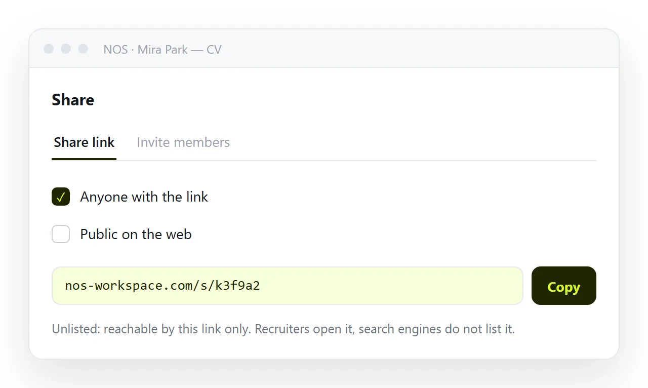 The share link created for the plain resume, still unlisted.
