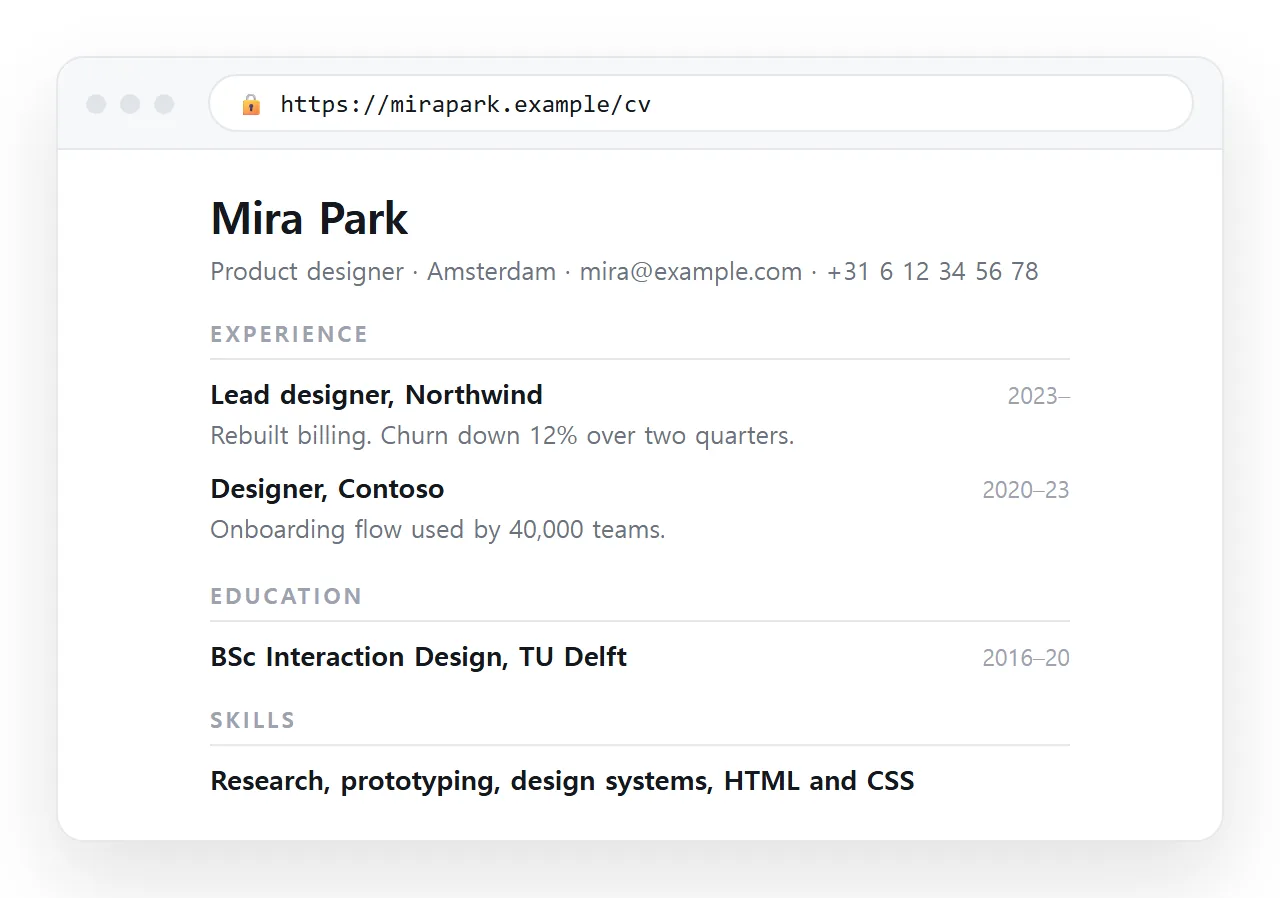 A plain HTML resume rendered in a browser, single column, system font, no images.