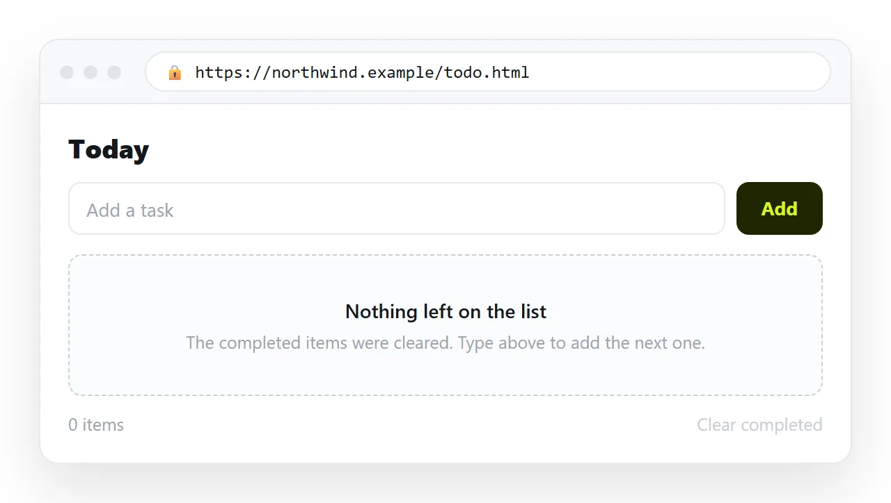 The empty state after clearing completed items, with the add form still in place.