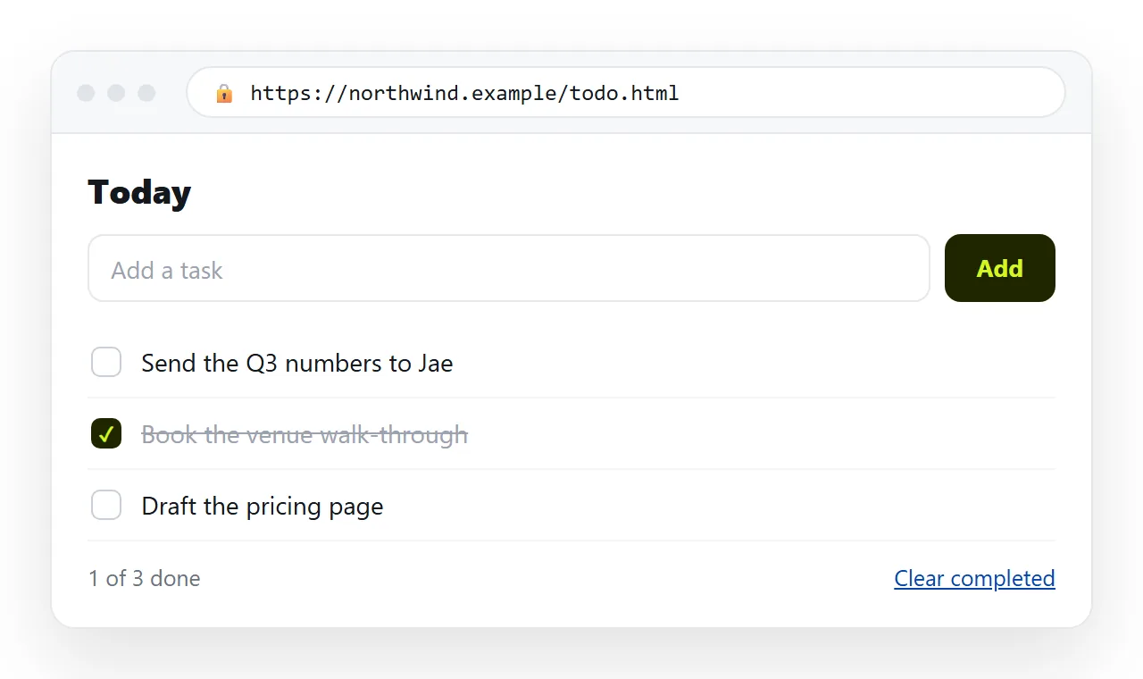 The todo list running in a browser with three items, one of them completed.