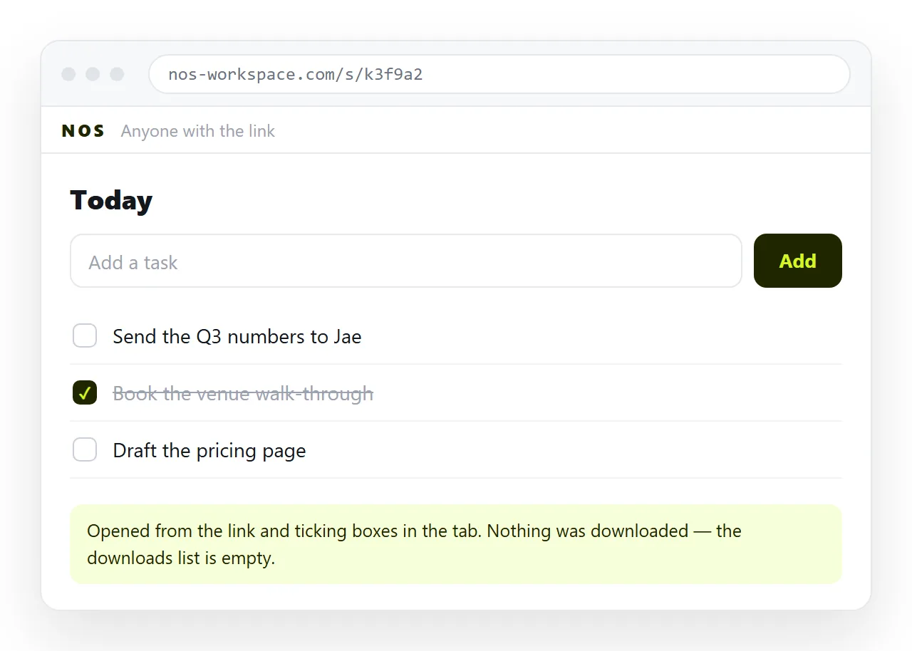 The todo page open from a shared link, running in the browser with no file download.