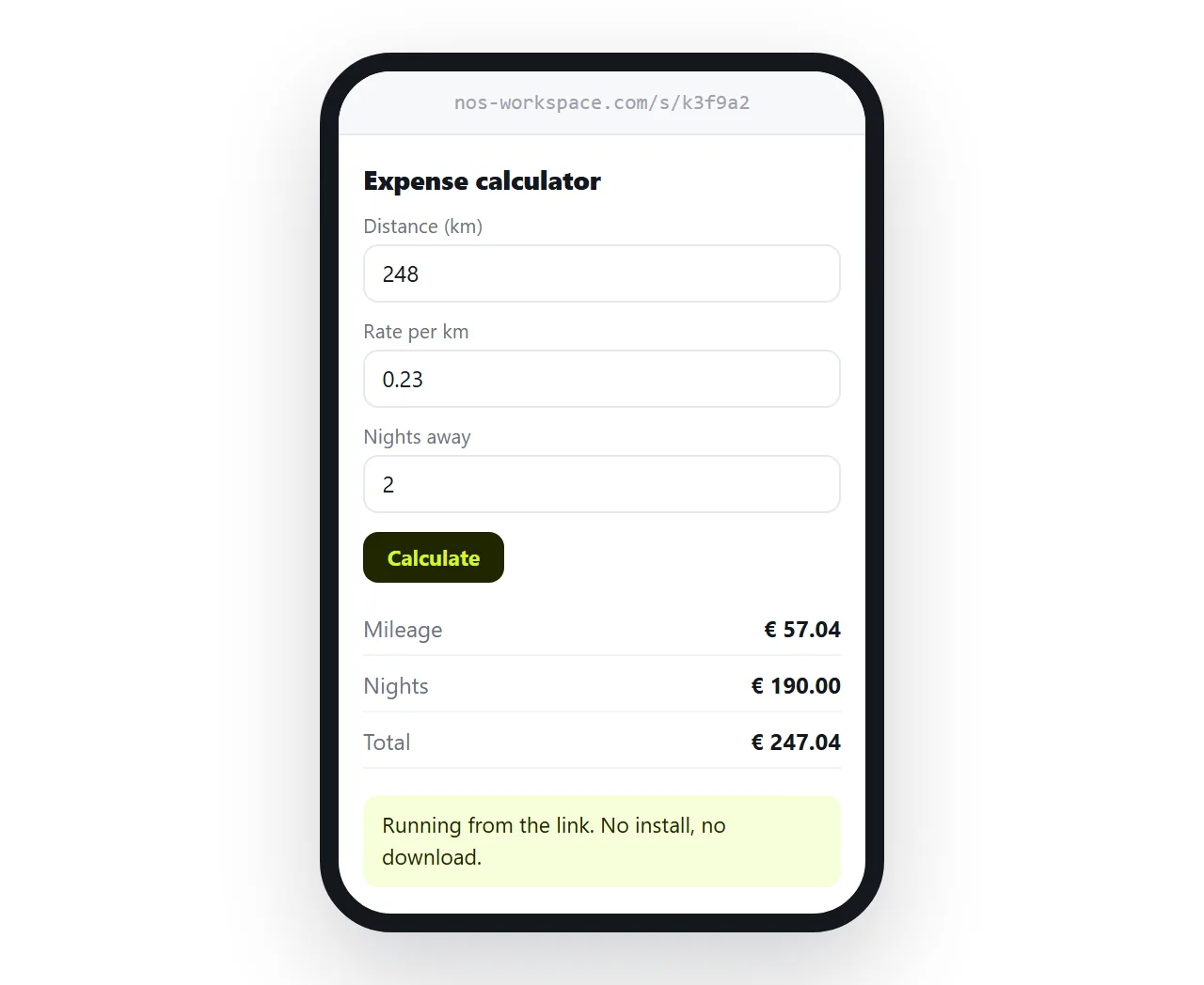 A single file app running from a shared link on a phone browser.