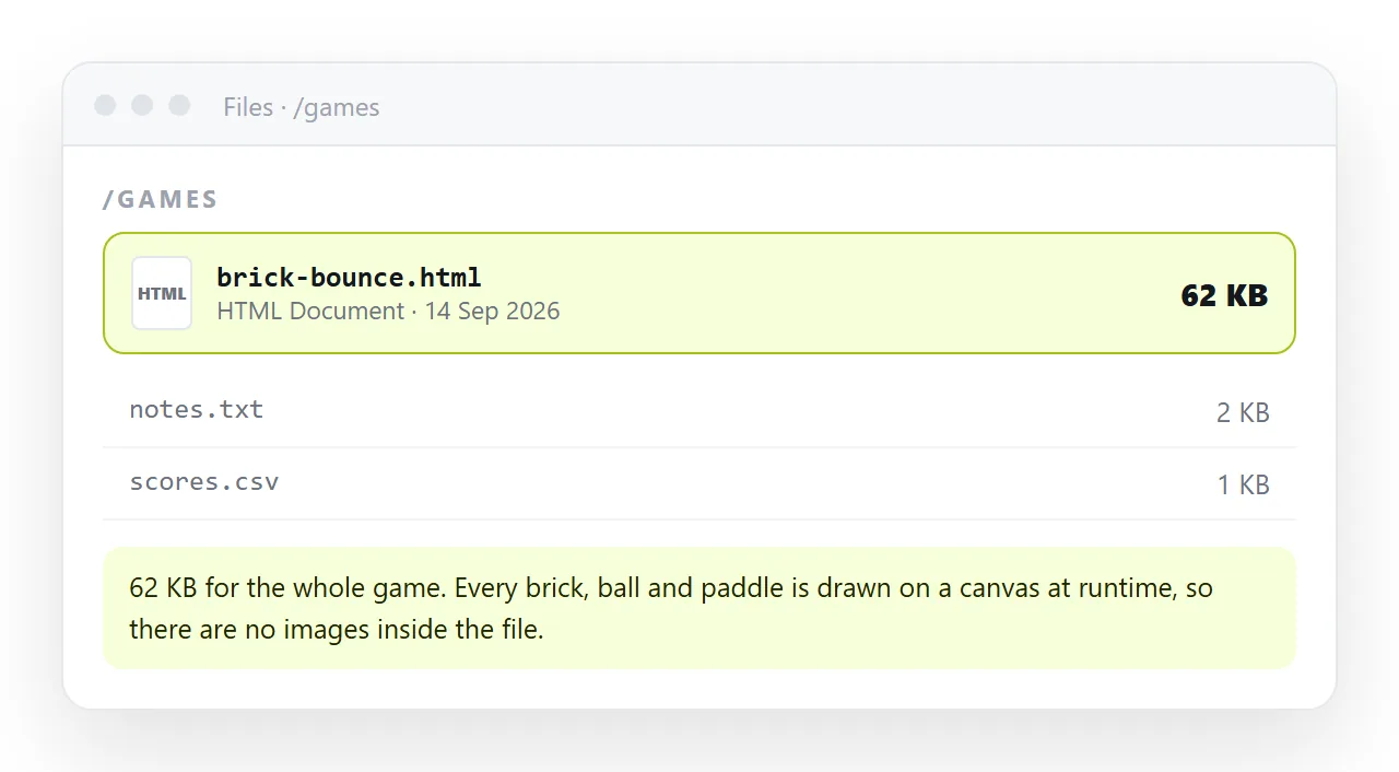 A single file game's size shown in a file listing, with art drawn on canvas rather than embedded.