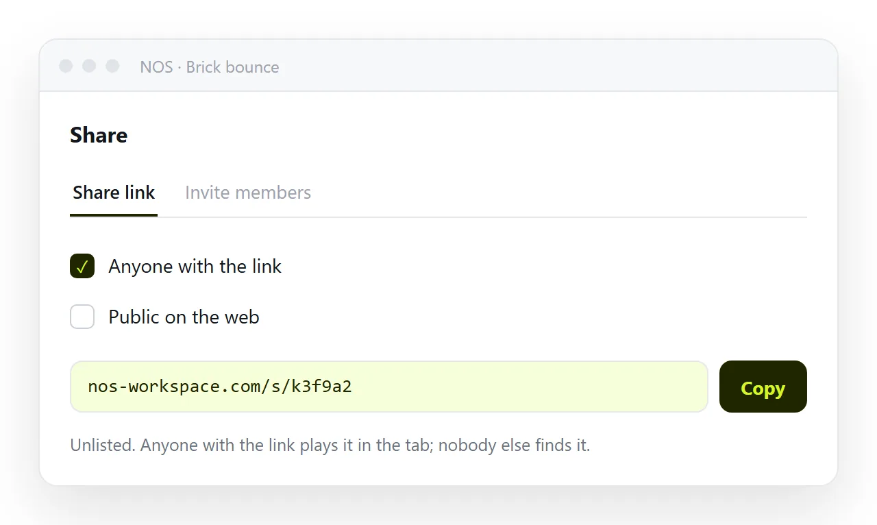 The share panel with a link created for a single file game, still unlisted.