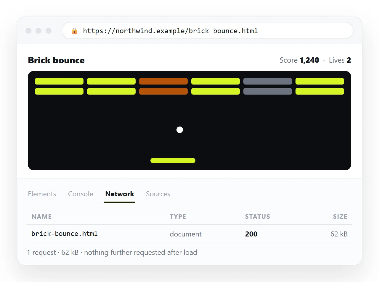 A single file game running in a browser, with the network panel showing no additional requests.