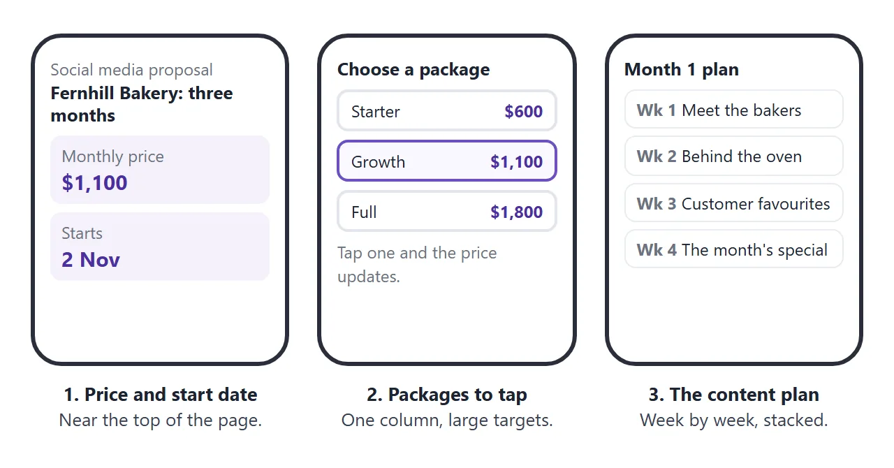 What the client sees on a phone: price first, packages to tap, then the plan.