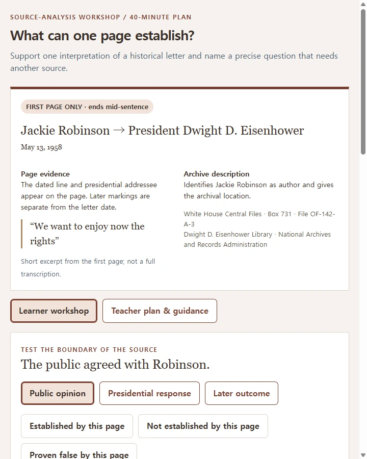 A letter as evidence • source-analysis lesson — Guide learners to identify a historical document's author, recipient, date and purpose, support one interpretation from the source and…