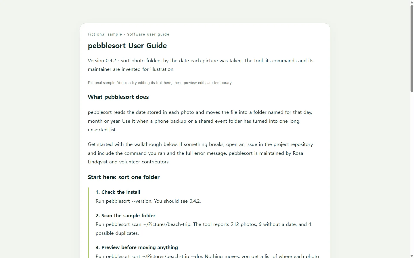 pebblesort User Guide — fictional sample