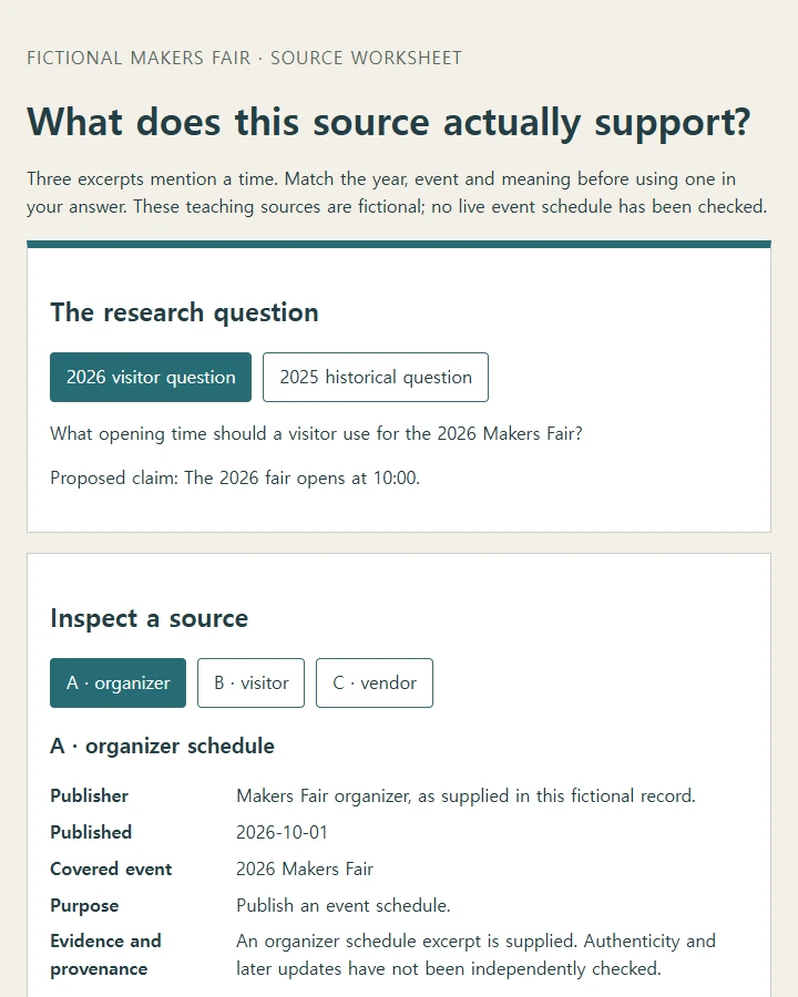 Evaluate three fictional fair sources against a dated research question