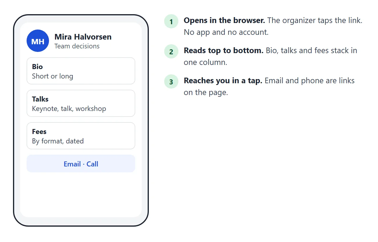 What an organizer sees on a phone: the sheet in one column, with email and phone one tap away.