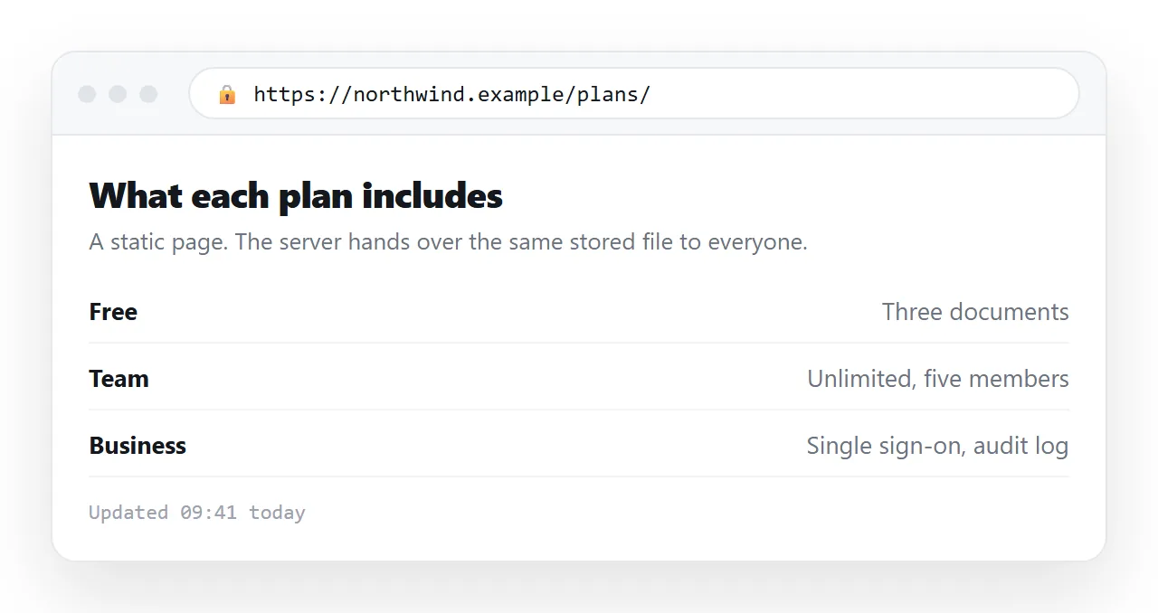 A browser showing a hosted static page rendered, with its address in the URL bar.