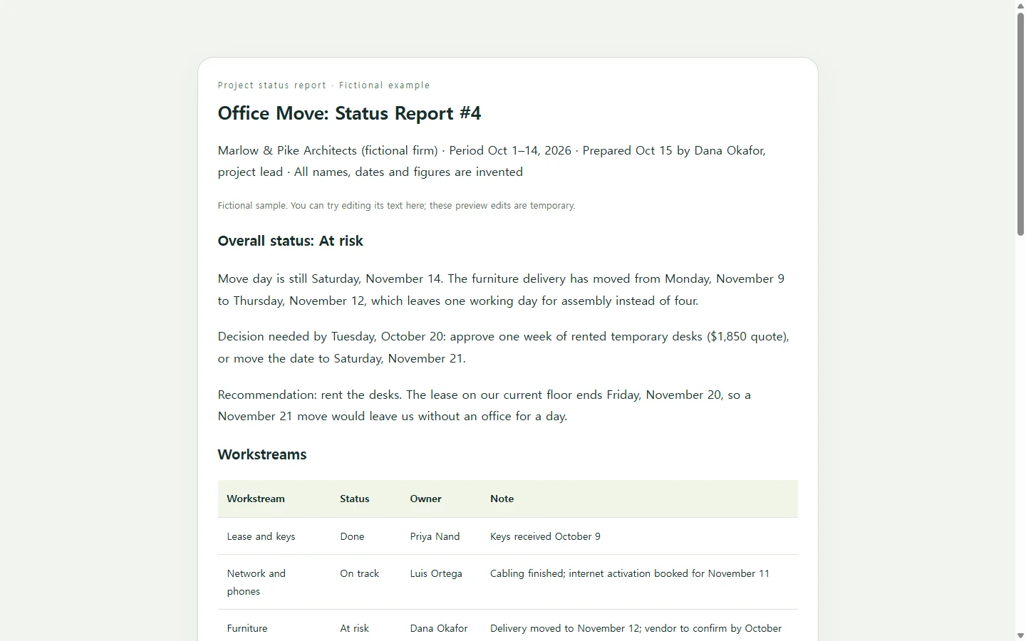 Office Move: Status Report #4 — fictional sample
