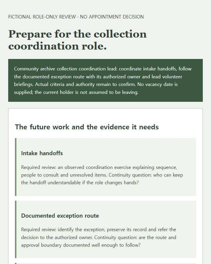 A fictional collection-coordination role, two different evidence gaps, and proposed preparation routes