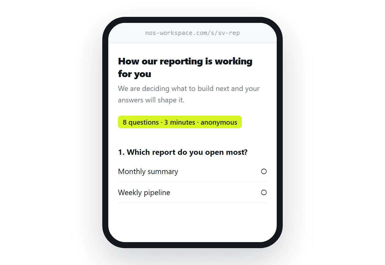 A survey on a phone. Purpose and length at the top, then the first question.