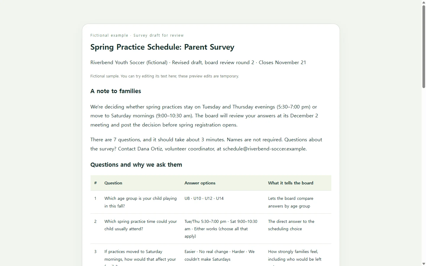 Spring Practice Schedule: Parent Survey — fictional sample