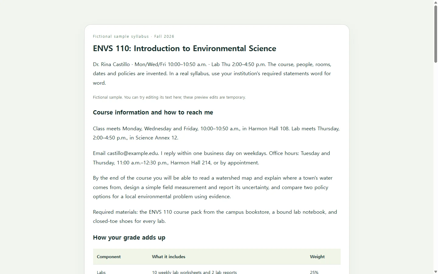 ENVS 110: Introduction to Environmental Science — fictional sample