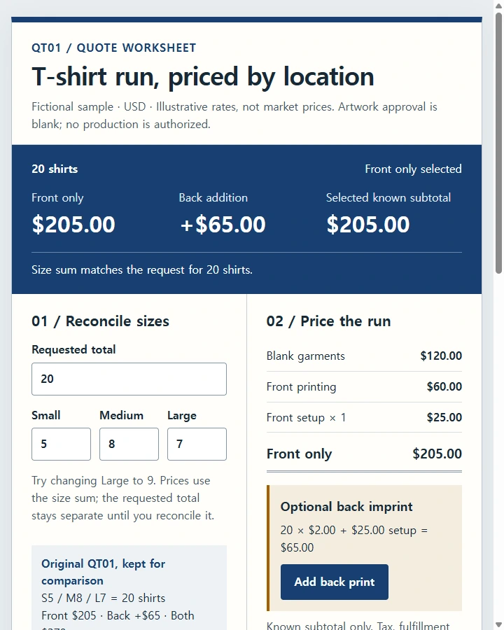 QT01 · T-shirt quotation worksheet
