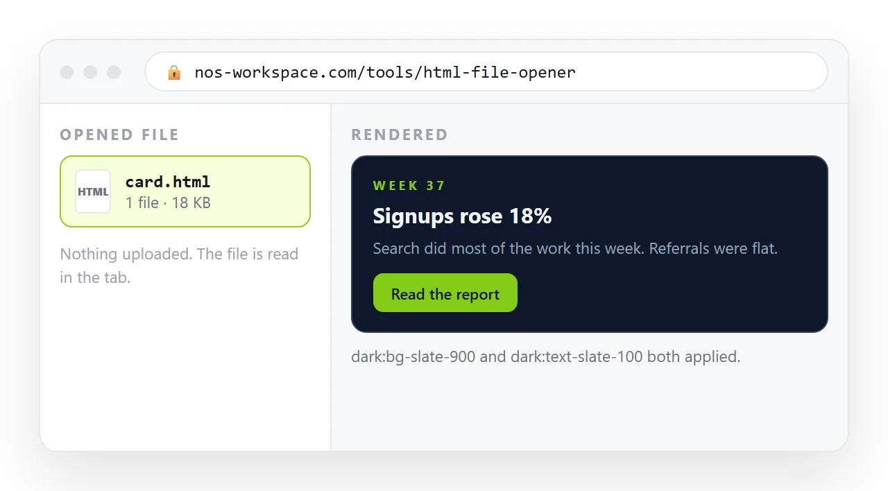 The single-file page opened in the HTML file opener, dark utilities applied correctly.