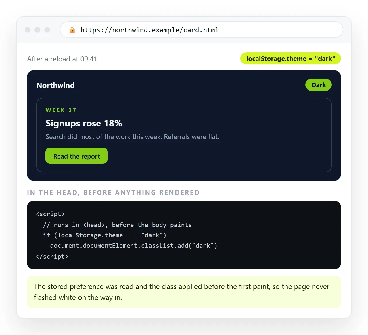 The page in dark mode after a reload, with the stored preference reapplied before anything rendered.