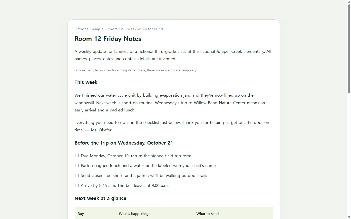 Room 12 Friday Notes — fictional sample