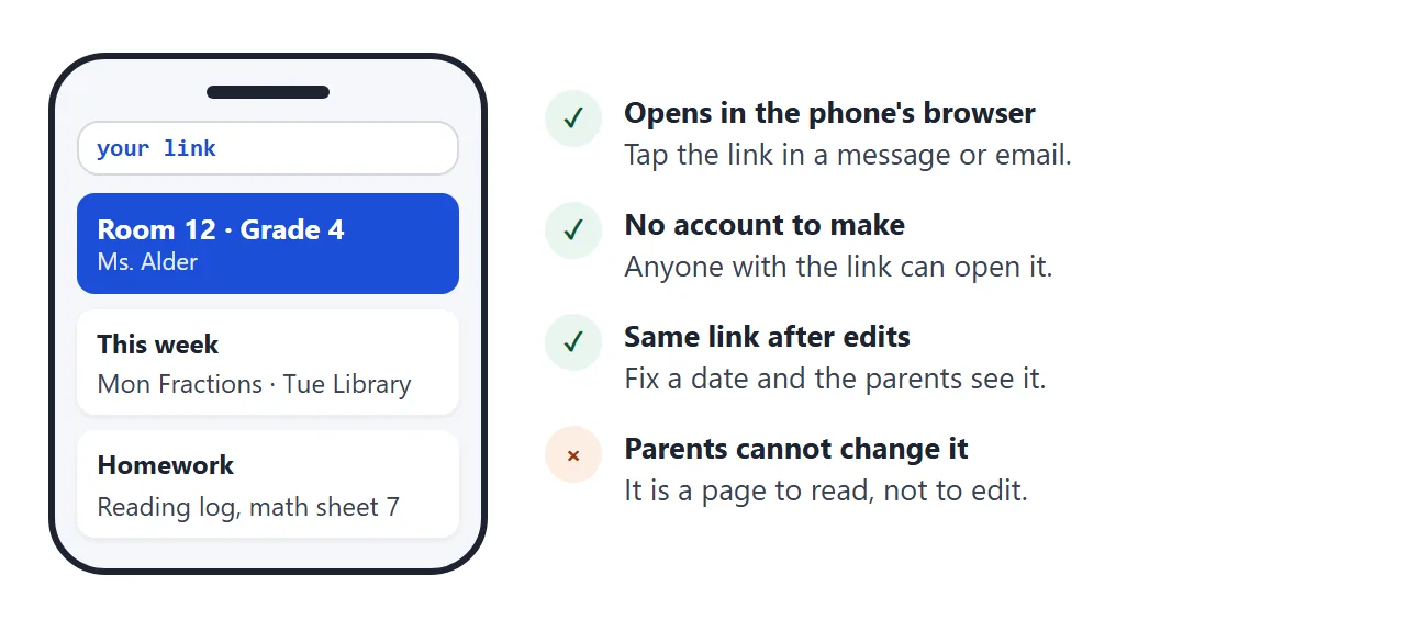 What a parent gets: a page that opens in the browser, with no account and no editing.