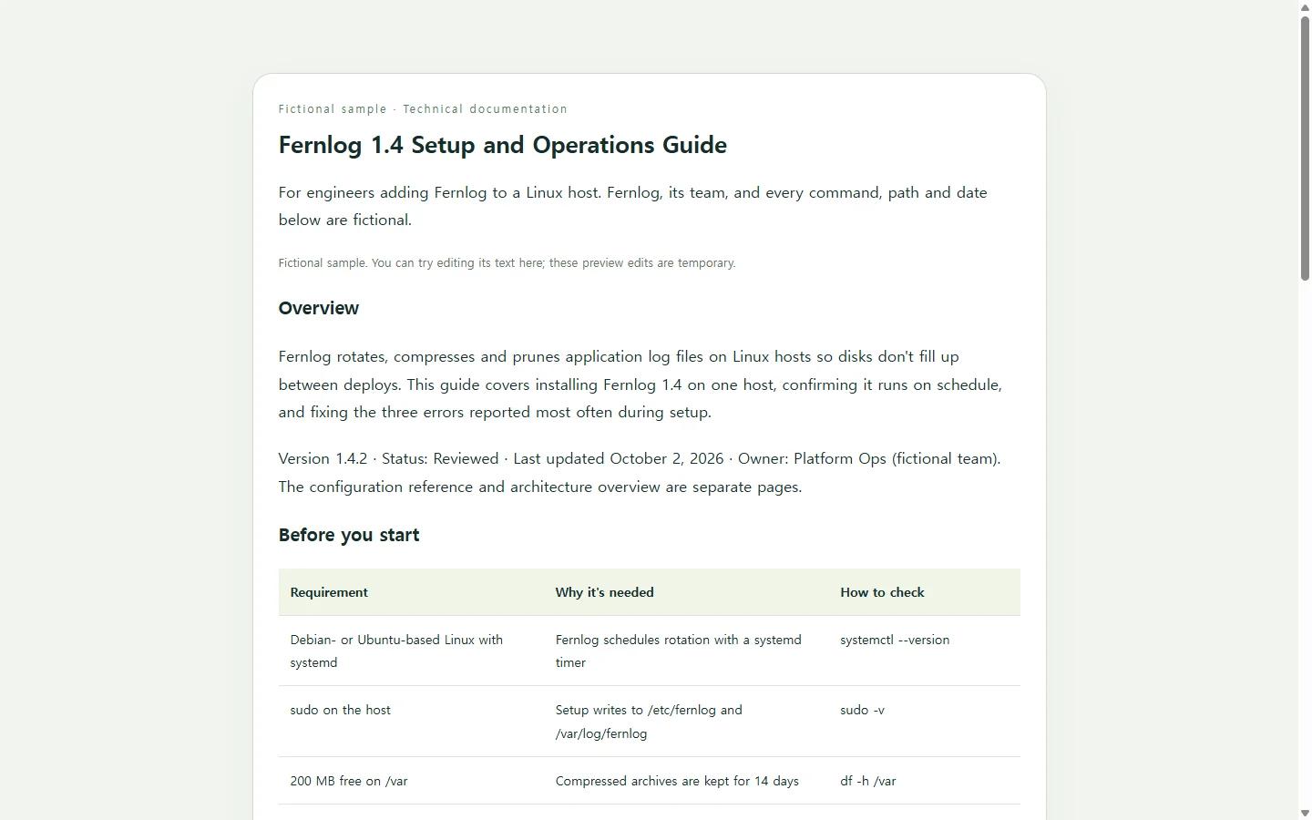 Fernlog 1.4 Setup and Operations Guide — fictional sample