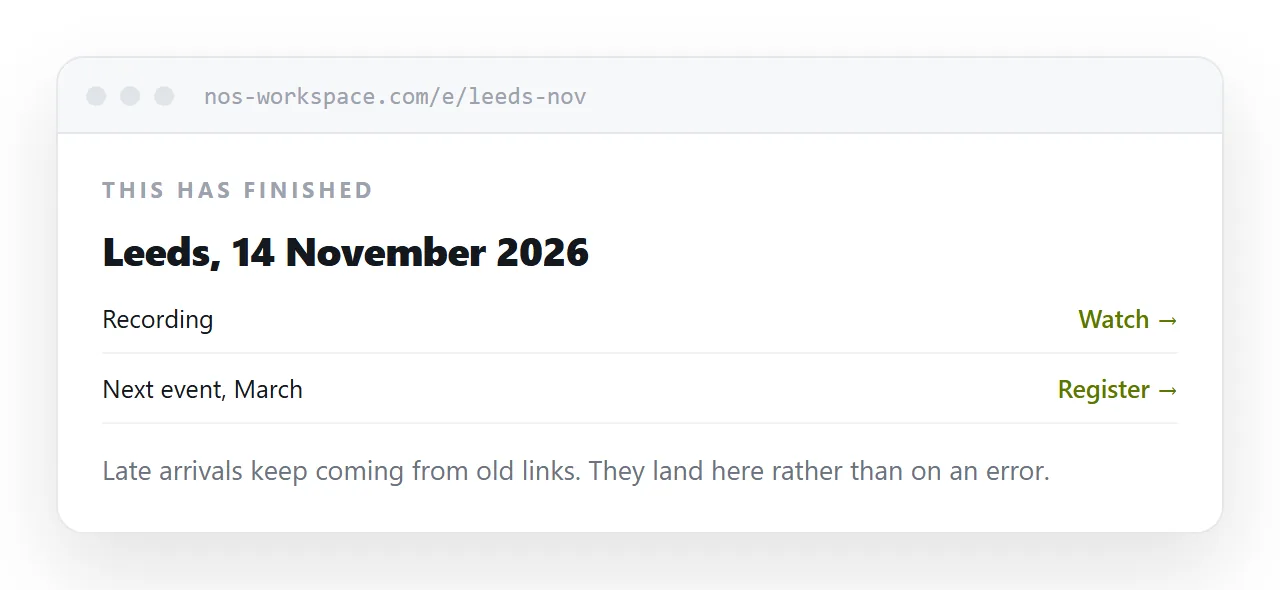 A past event page saying what happened, with links to what is next.