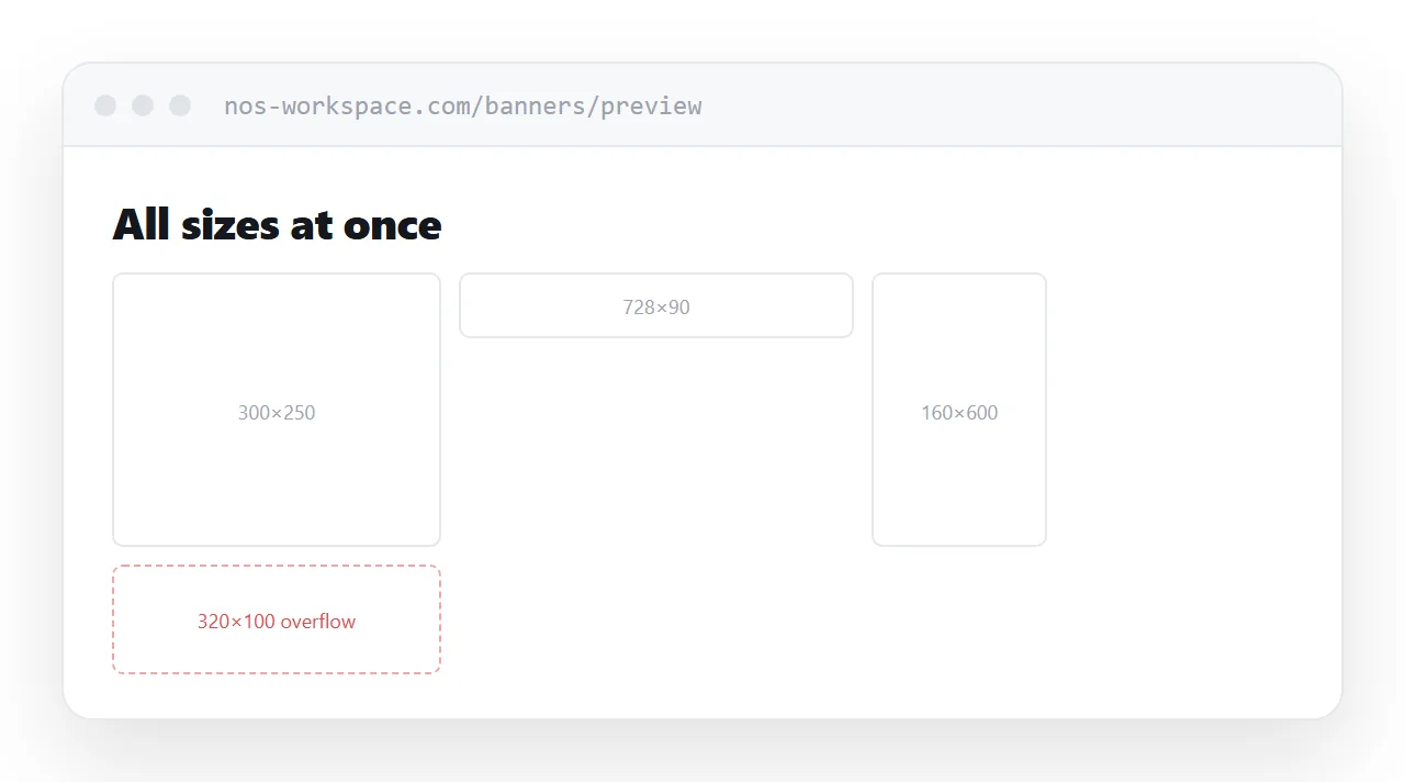 A preview page showing eight banner sizes at once, each at exact dimensions.