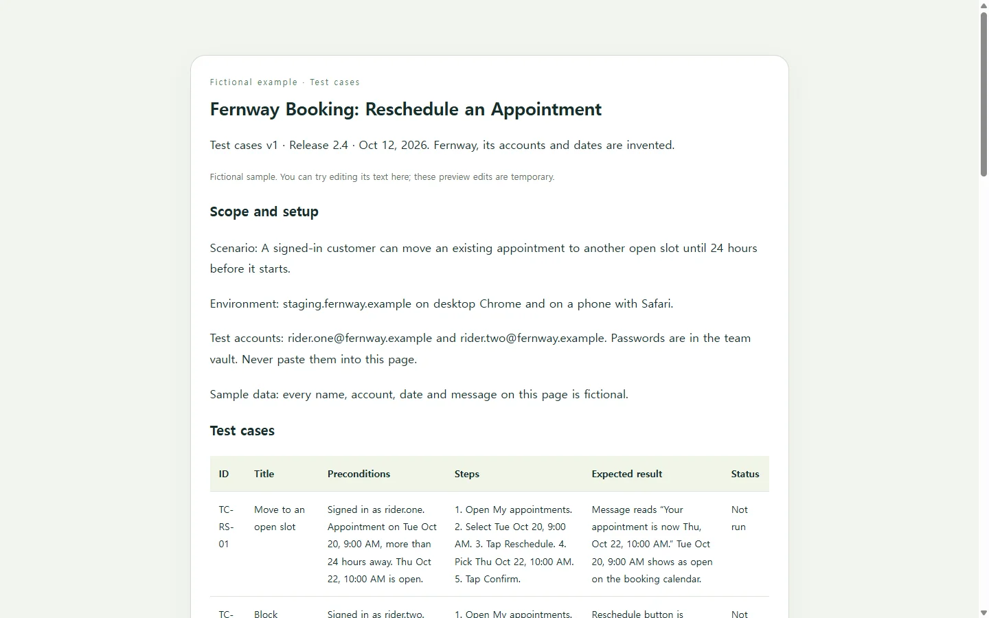 Fernway Booking: Reschedule an Appointment — fictional sample