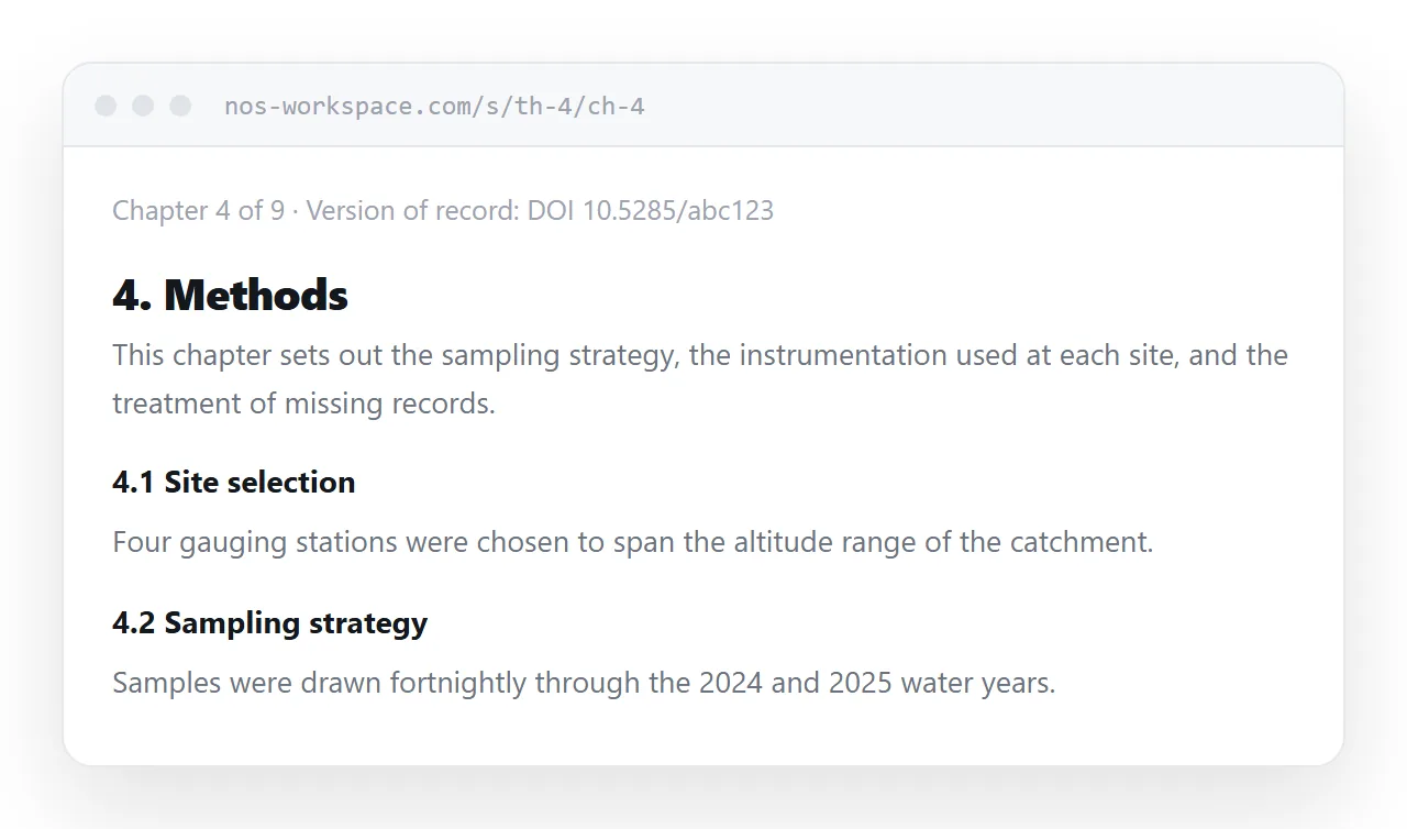 A thesis chapter in a browser. A contents list at the side, the chapter heading and text in the main column.