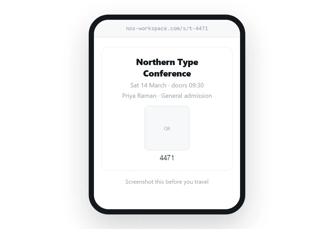 A ticket on a phone. Event name, date and door time above a large QR code.