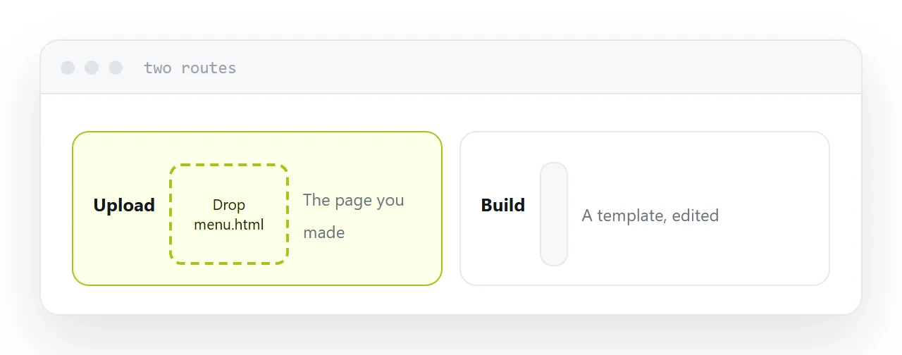 A file being dropped to publish, beside a template editor building a page from scratch.