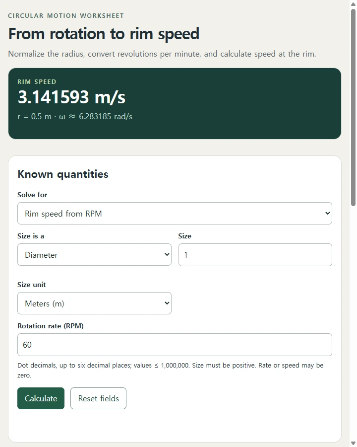 Tip speed · Fixed-radius calculator