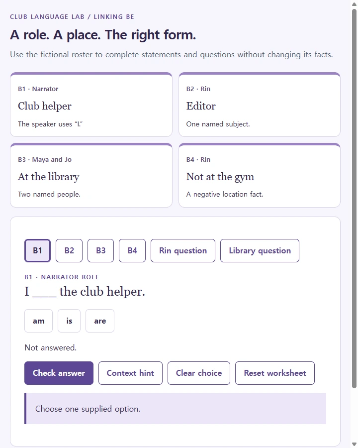 Club roster • linking be — Build present-simple linking-be descriptions of supplied identity/location facts and maintain subject agreement and true negative facts.