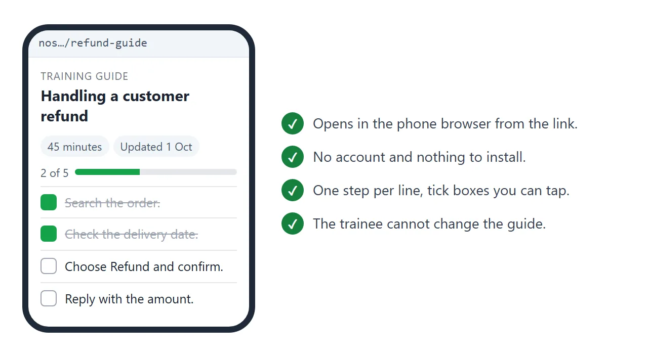What the trainee sees: the guide in a phone browser, no account, read only.