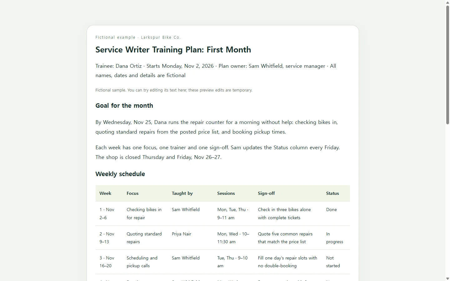 Service Writer Training Plan: First Month — fictional sample