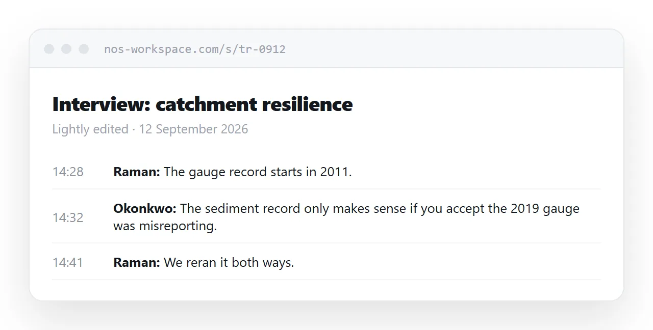 A transcript in a browser. Timestamps down the left, speaker names in bold, text in a column.