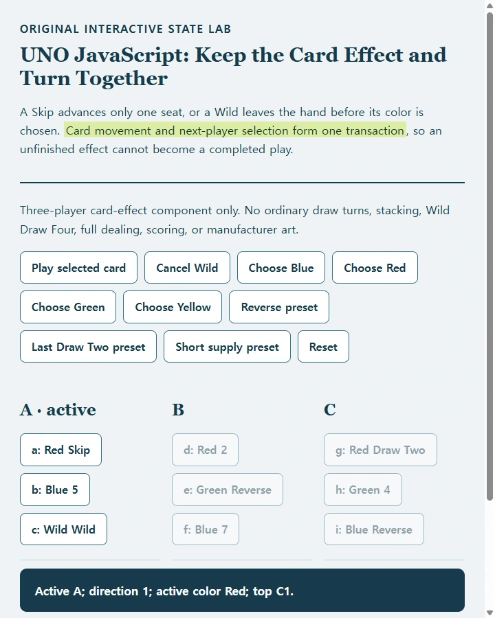 UNO JavaScript: Keep the Card Effect and Turn Together