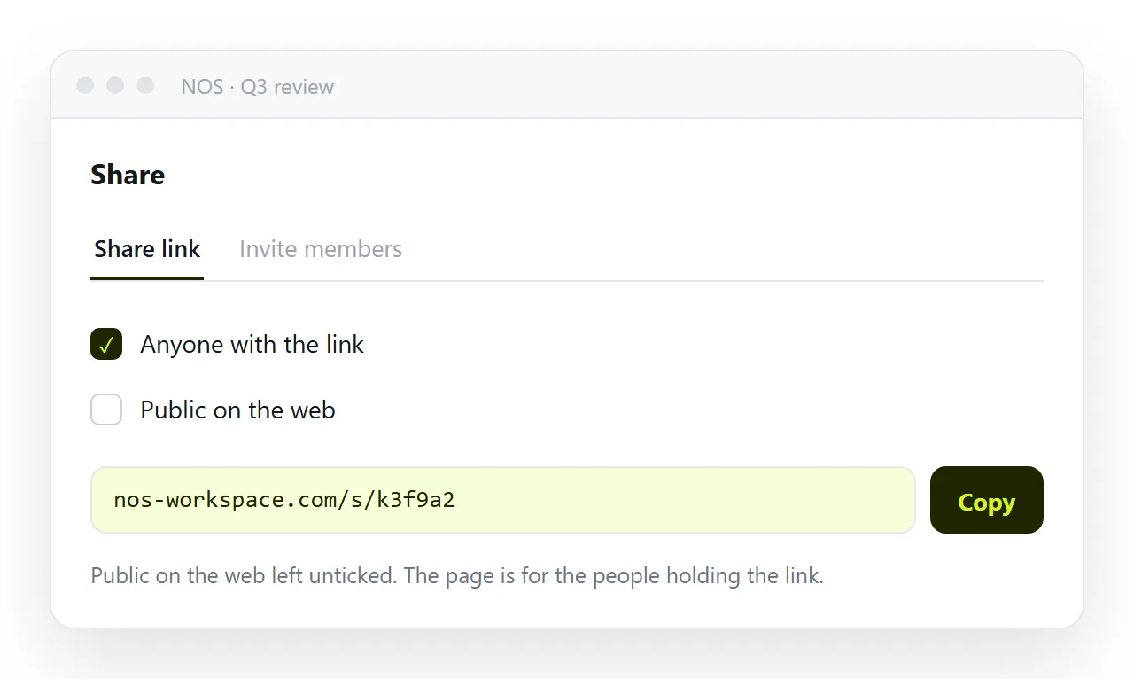 The share panel with the link created and Public on the web left unticked.