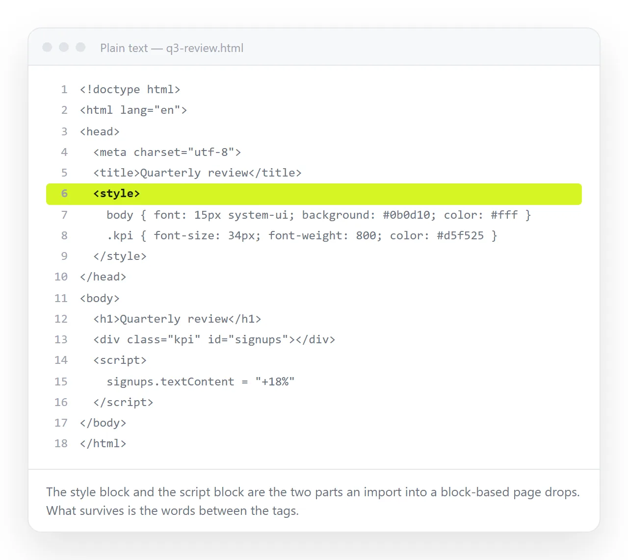 The HTML file open in a plain text window, showing the style block and script that will not survive an import.