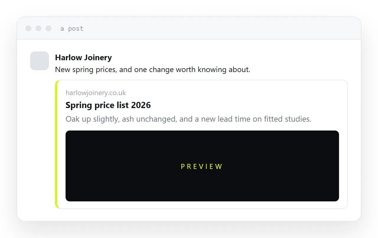 A post showing a link preview with a title, description and image.