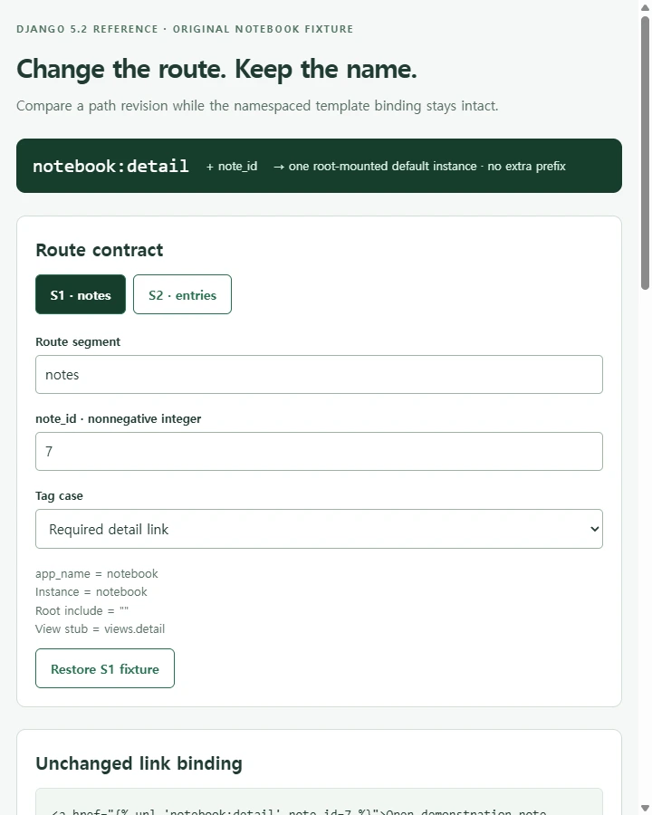 Django named URL · route contract workbench — Bind a template link to a namespaced URL name and required argument, revise the URLconf path and verify the resolved path changes without…