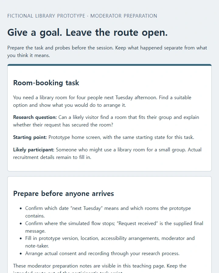 Compare task wording and moderator prompts, then inspect a fictional session excerpt