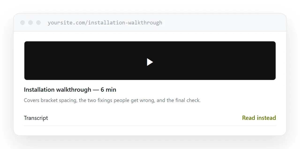 A video embedded in a page with a summary, transcript and next step.